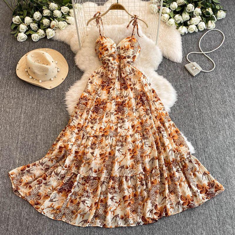 Sexy Cutout V-neck Strap Dress Women's Summer Vacation Wear Tight Waist Slimming Flounce Floral Chiffon Skirt