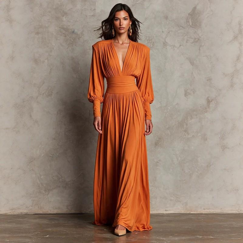 Solid Color Deep V Neck Long Sleeve A-Line Maxi Dress 2026 Elegant Evening Gown