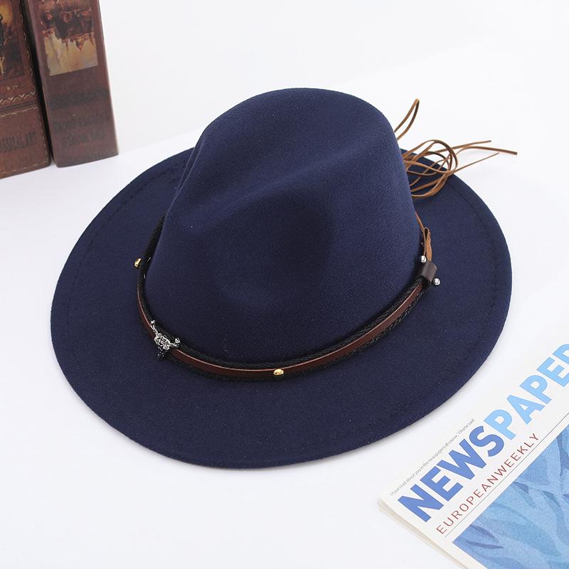 Zylinderhut Frühling und Herbst Jazzhut Hut mit großer Krempe Stierkopf Gürtel Accessoires Filzhut Tide