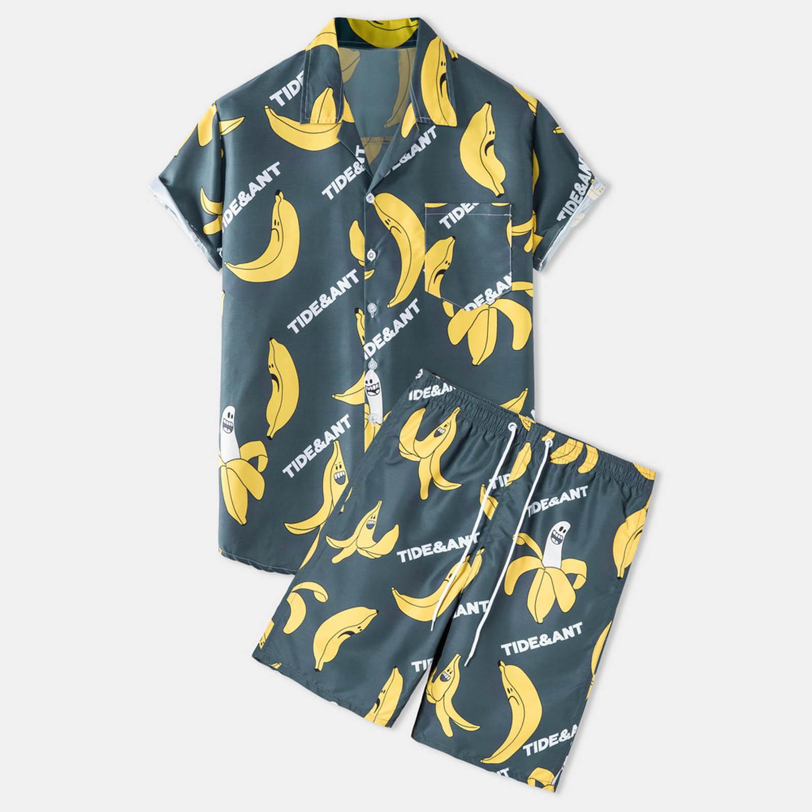 

Мужские летние комплекты из двух предметов с пляжным принтом: рубашки с короткими рукавами и шорты, брюки XL зелёный