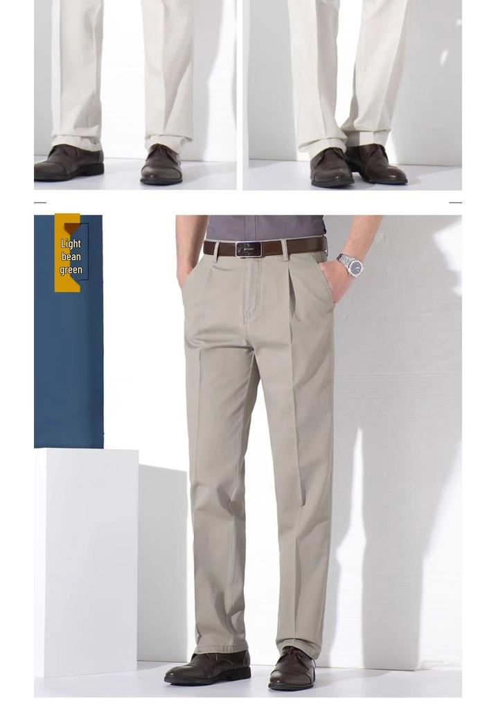 Men's Pure Cotton Double-Pleat Casual Pants - High Waist, Wide Leg, Non-Iron, Summer-Weight for Middle-Aged and Elderly.