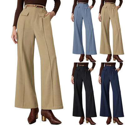 Calça feminina elástica cintura alta casual ajuste ativo perna larga calças compridas calças com bolsos