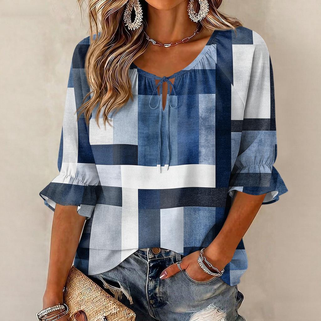 Women's Vintage Floral Print Blouse with Tie Neck and Ruffle Three-Quarter Sleeves