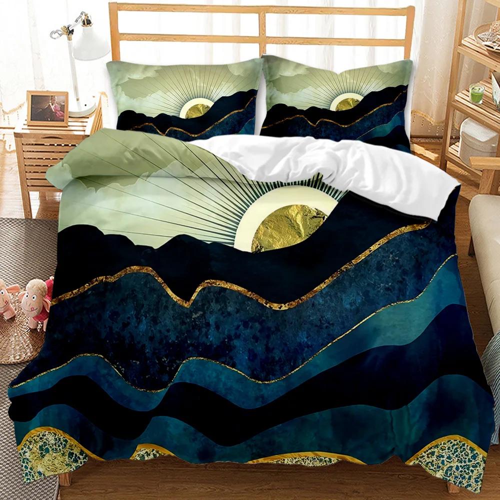 Marmor Dynetrekksett Svart Hvit Gull Abstrakt Marmortekstur Trykt Svart Hvit Dobbel Queen King Size Polyester Sengetøysett