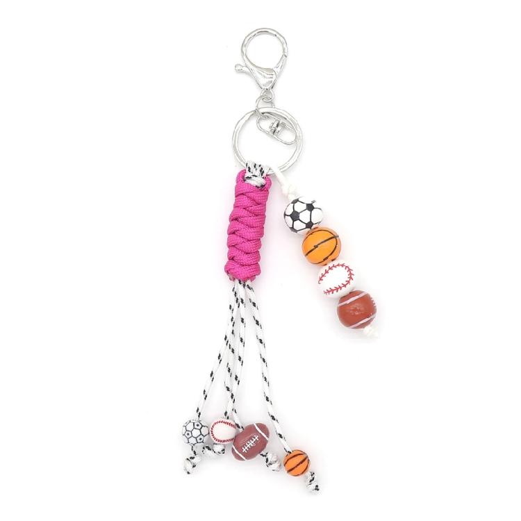 Pack of 4 Fashionable Sporty Keychains Handwoven Polyester Rope Wood Bead Basketball Baseball Football Themes Keyring