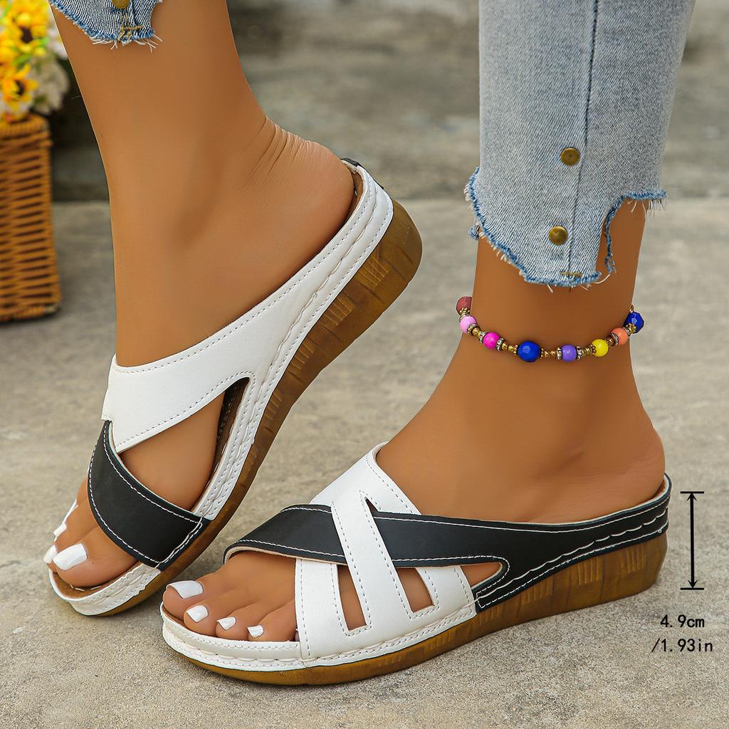 Sandals versatile color matching fish mouth one-word fashion style women's thick-soled wedge slippers