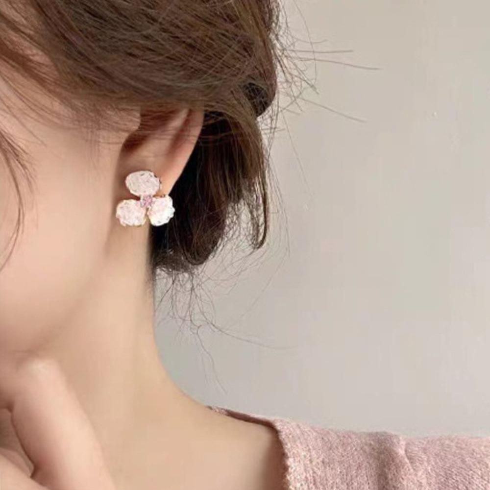 Süße Romantische Farbverlauf Kirschblüten Rosa Gebrochener Diamant Kristall Drei-Blatt-Blume Ohrstecker für Damen Piercing Schmuck