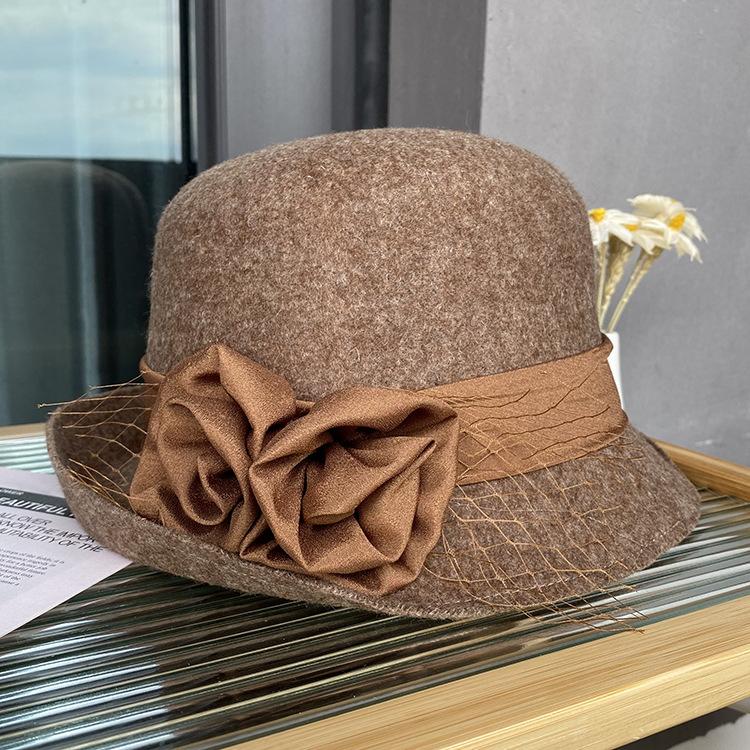 Autumn And Winter Satin Flower Woolen Hat Women'S Dome Curled Top Hat Women'S British Retro Bucket Hat