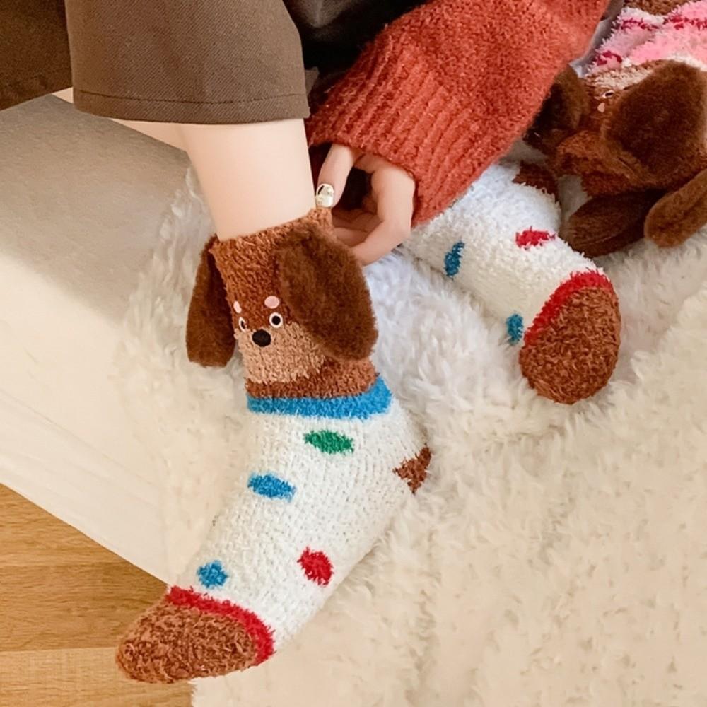 Plush Puppy Ears Coral Fleece Socks Stripe Sleeping Socks Sweet Floor Socks  Girls