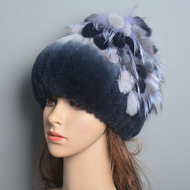 Brand Women Genuine Rex Rabbit Fur Hats Winter Rex Rabbit Fur Beanies Striped Top Flower Fox Fur Warm Real Fur Knit Caps