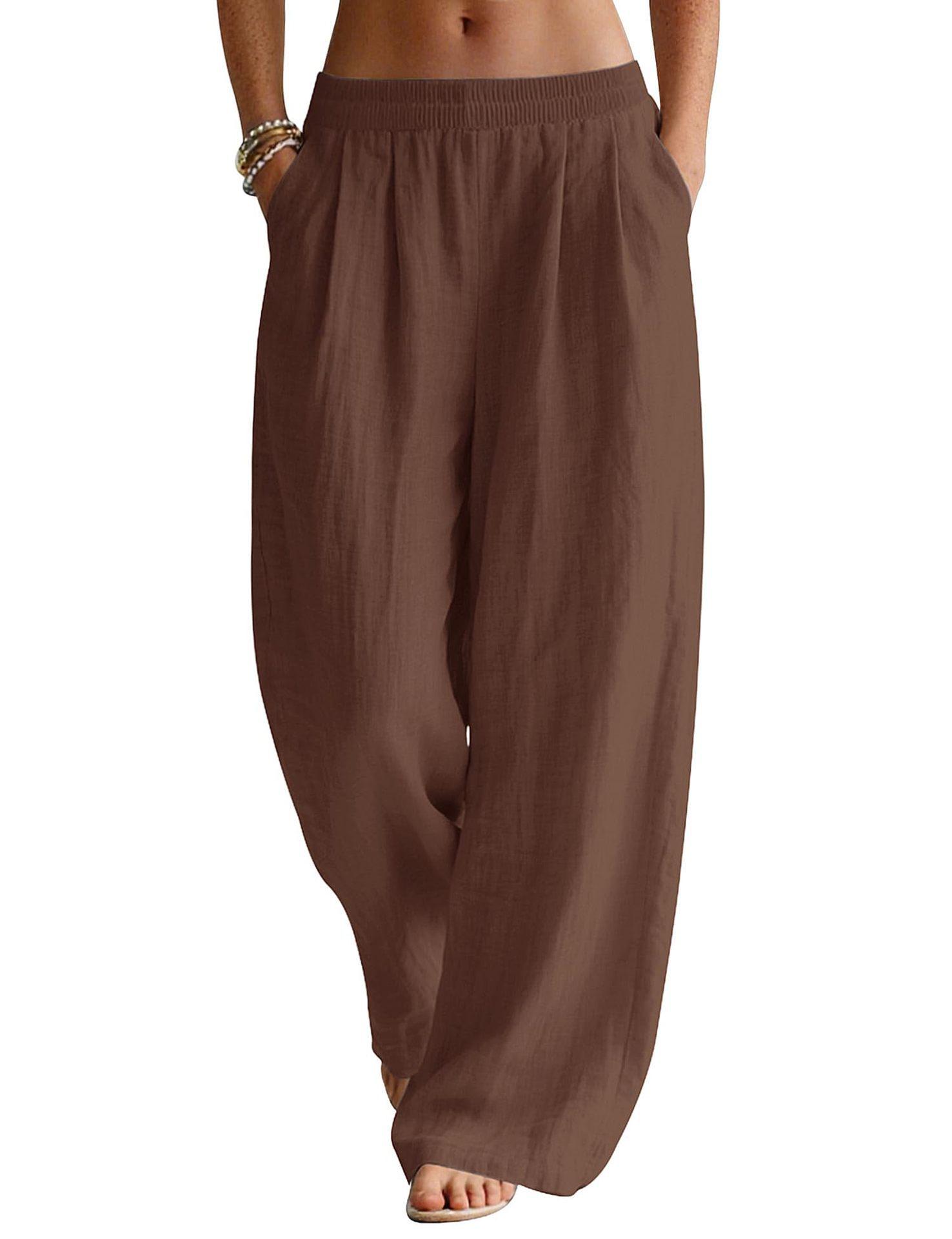 

European & American Linen Wide-Leg Pants - Women s Summer Flowy Beach Vacation Wear with Elastic Waist & Pockets 2XL