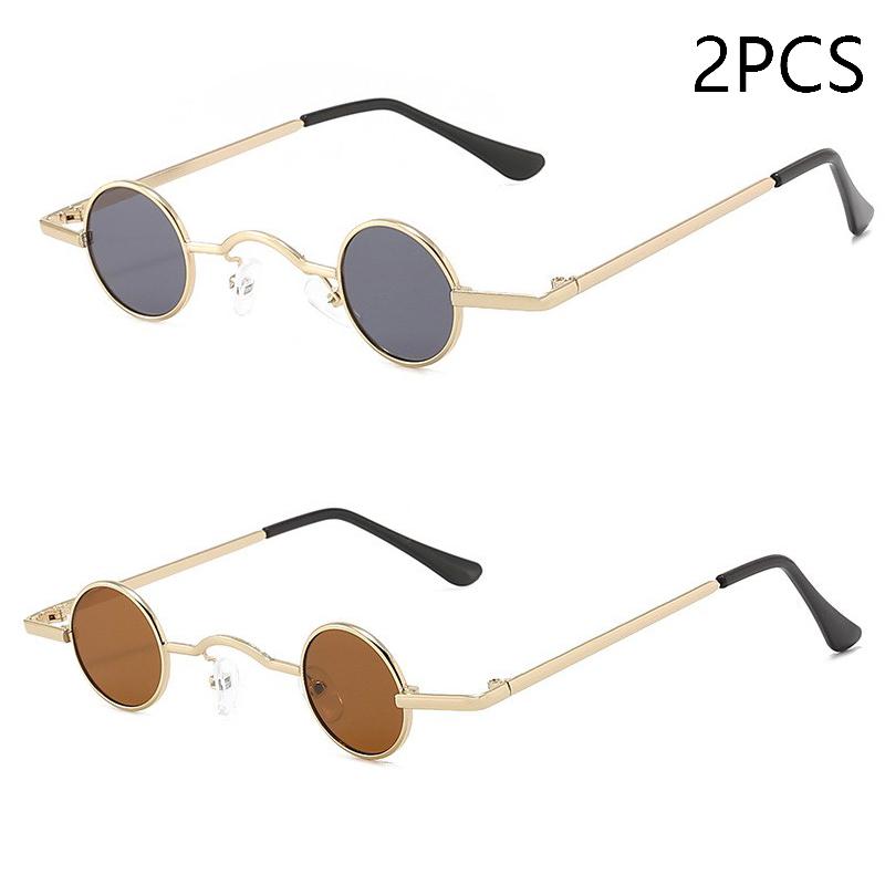 Vintage Rock Punk Sunglasses Small Round Metal Frame Black Lens Wide Bridge Unisex Driving Eyewear Classic Retro Style