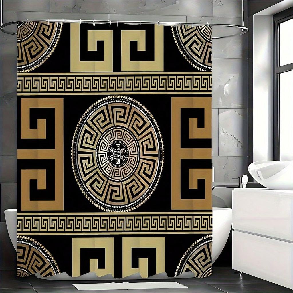 Elegantní řecký klíč sprchový závěs: Přijměte klasický zlatý design, měkkou látku a nadčasovou atmosféru pro vaši luxusní koupelnu