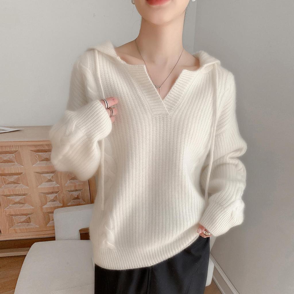 Women's Plus Size Hooded Wool Cable Knit Pullover - Slim Fit Casual Sweater for Autumn/Winter