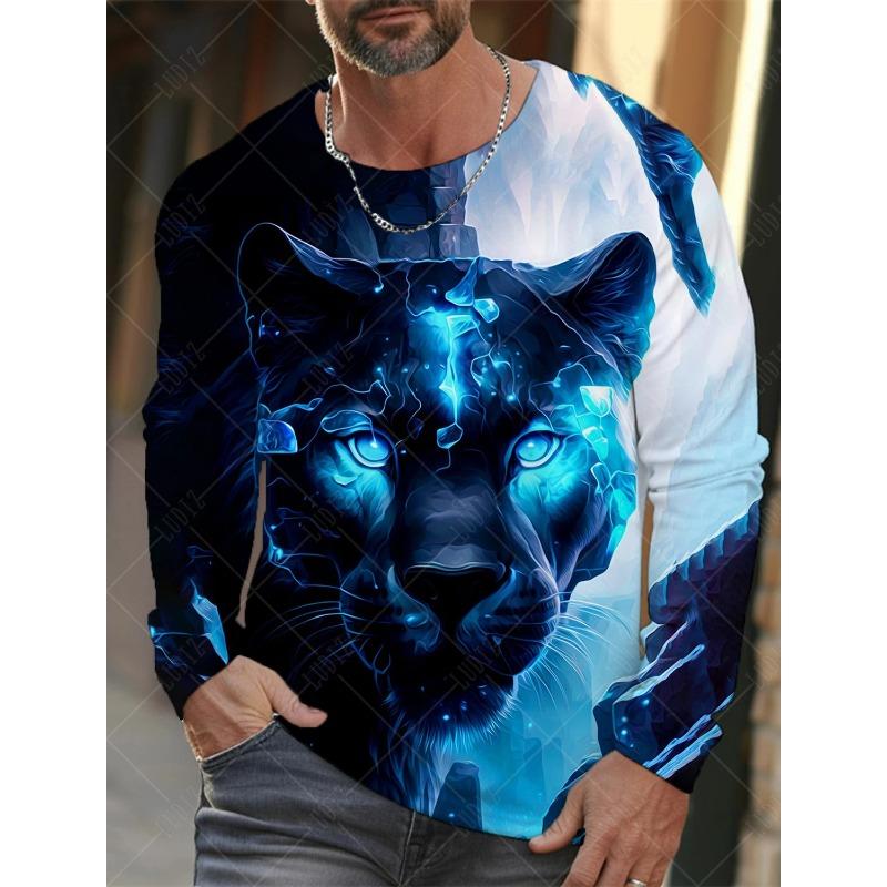 Outdoor Leisure Men's Long-sleeved T-shirt Animal Tiger Lion Leopard Pattern Street Top Sports Fashion Autumn Warm Long Sleeve