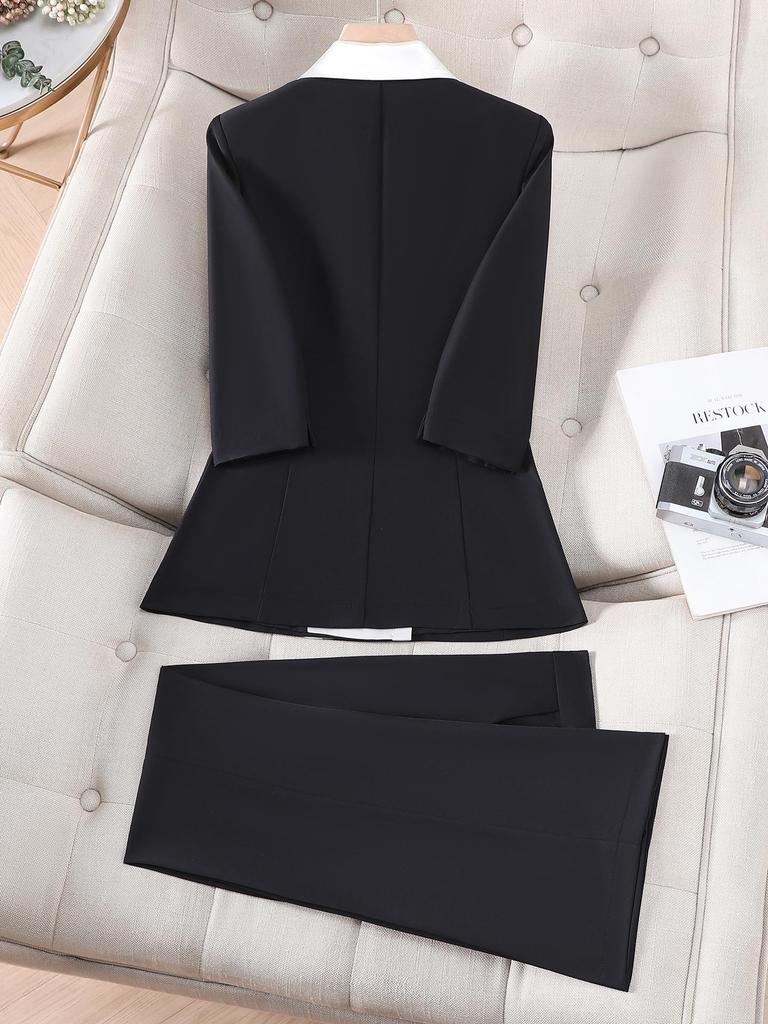 Women's Elegant White Suit Set: Color Block Jacket & Flare Pants