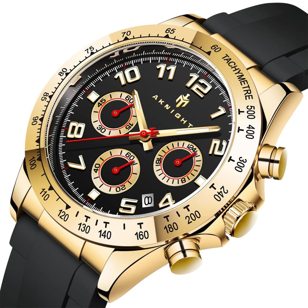 AKNIGHT Stylish and Popular Quartz Watch with Soft Silicone Luminous Analog Date Japanese Instruction Manual Black Men's Watch, Strap, Chronograph,