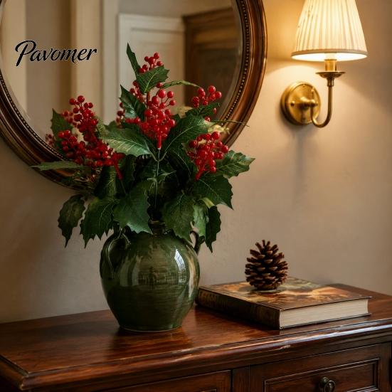 Vibrant Red Poinsettia Bunch for Home Artificial Flowers, Christmas Bouquet with Berries, Faux Silk Synthetic Flower Decoration Floral Stems