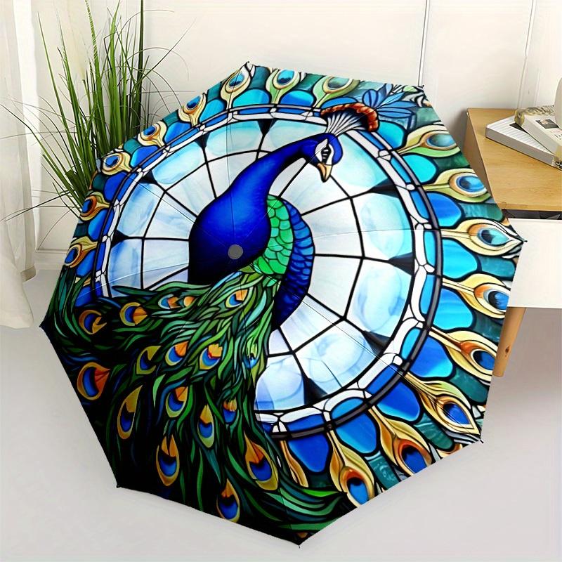 1pc Peacock StainedGlass Automatic Open/close, Heavy-Duty Iron Frame & 8-Rib structure, Compact Folding Umbrella for Women/Men, All-Season Travel, Hal