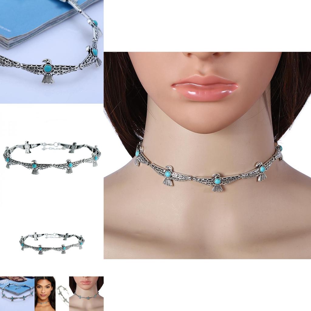 Vintage Art Deco Alloy Choker With Bird Design Artificial Turquoise Decor For Ladies Gift
