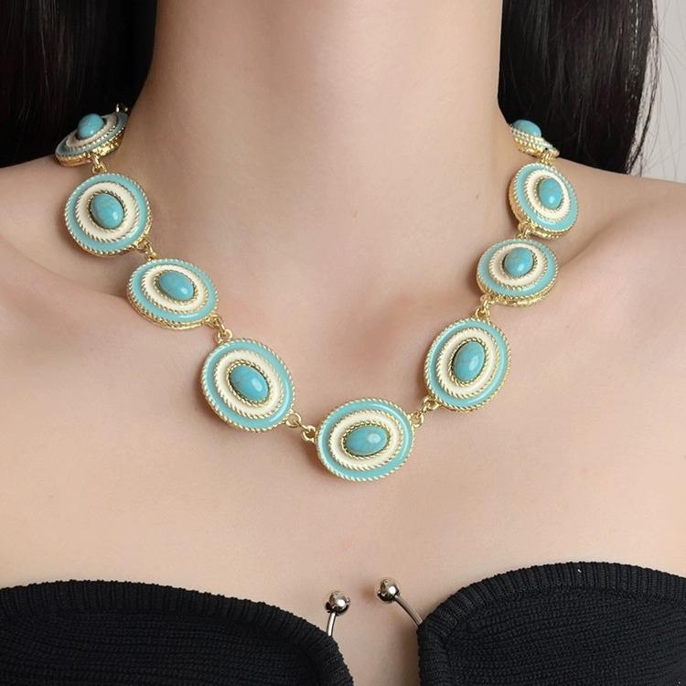 French Retro Oval Turquoise Enamel Earrings & Necklace with Natural Stone