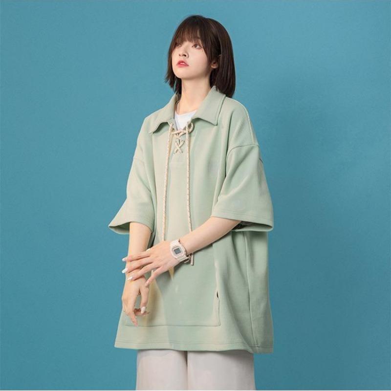 Women's Waffle T-shirt Summer Lapel Collar Drawstring Design Girls' Solid Tees Short Sleeve Casual Loose Oversized Tops