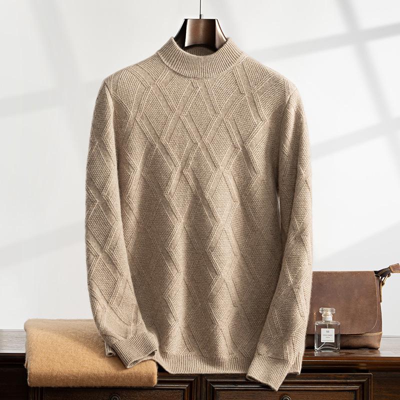 Men's Cashmere Jacquard Pullover Sweater - Half High Neck, Thick, Loose Fit, Long Sleeve, Business Casual