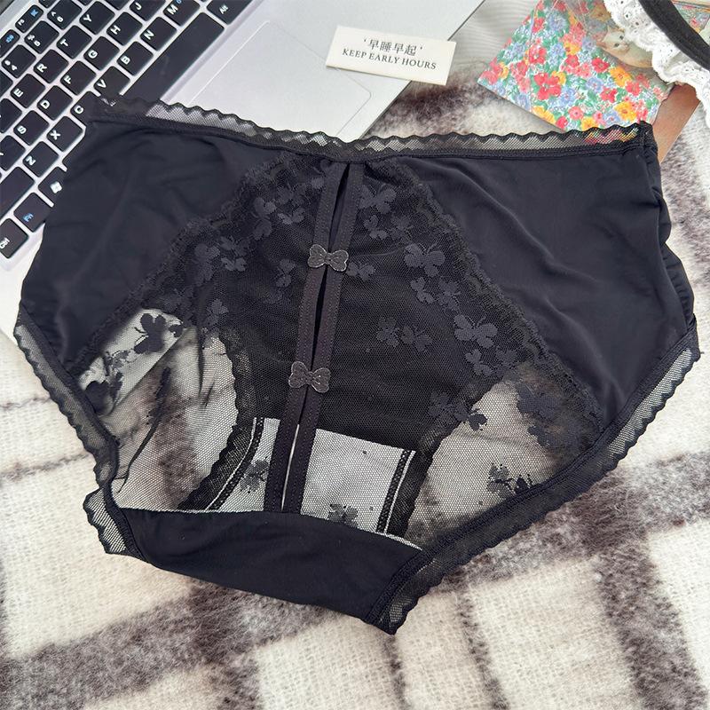 

Чисті напівпрозорі мереживні трусики Нижня білизна з бантом для жінок Труси з тонким дизайном Зручні дихаючі сексуальні трусики з чистої бавовни XL чорний