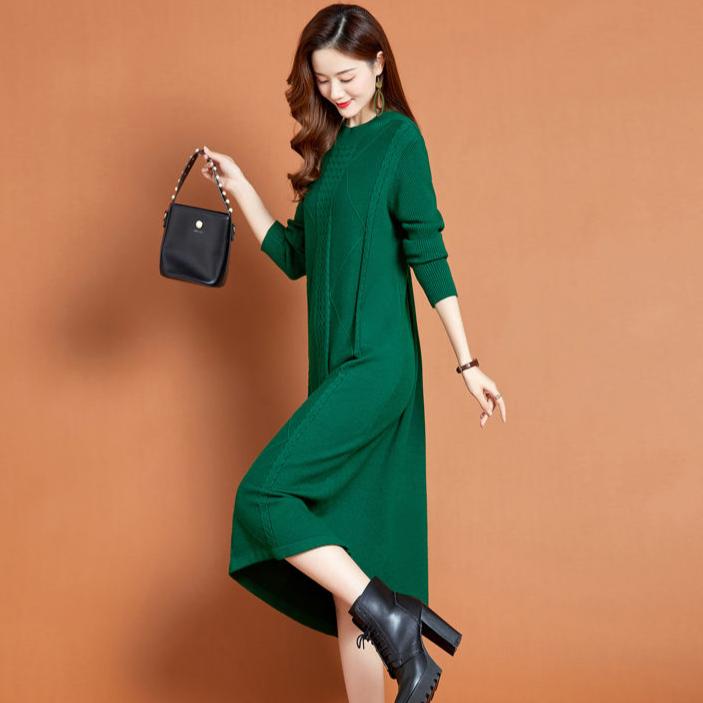 Knitted Dress for Women Mid-length Straight Sweater Dress Long Pullover Loose Knitted Sweater Knee-length Base Sweater