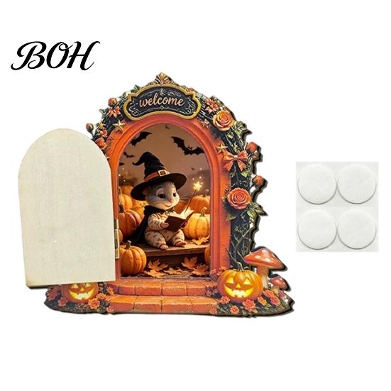 Openable Miniature Door Ornament Halloween Mouse Hole Wall Decoration, Retro Arched Fairy with Pumpkin Tale Garden & Flower Decor, for Holiday