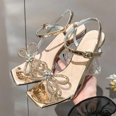 Fashion Butterfly-knot Buckle Strap Square Toe Woman Sandals Crystal Transparent High Heels Party Shoes Zapatos De Mujer