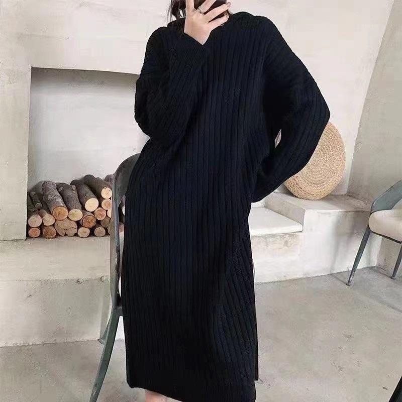 Long base knitted dress women's autumn and winter new with coat inside loose lazy hooded sweater skirt