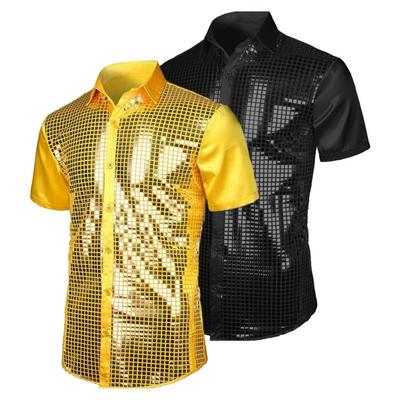 Men Shirt Shiny Surface Turn-down Collar Single-breasted Long Sleeves Buttons Satin Club Party 70s