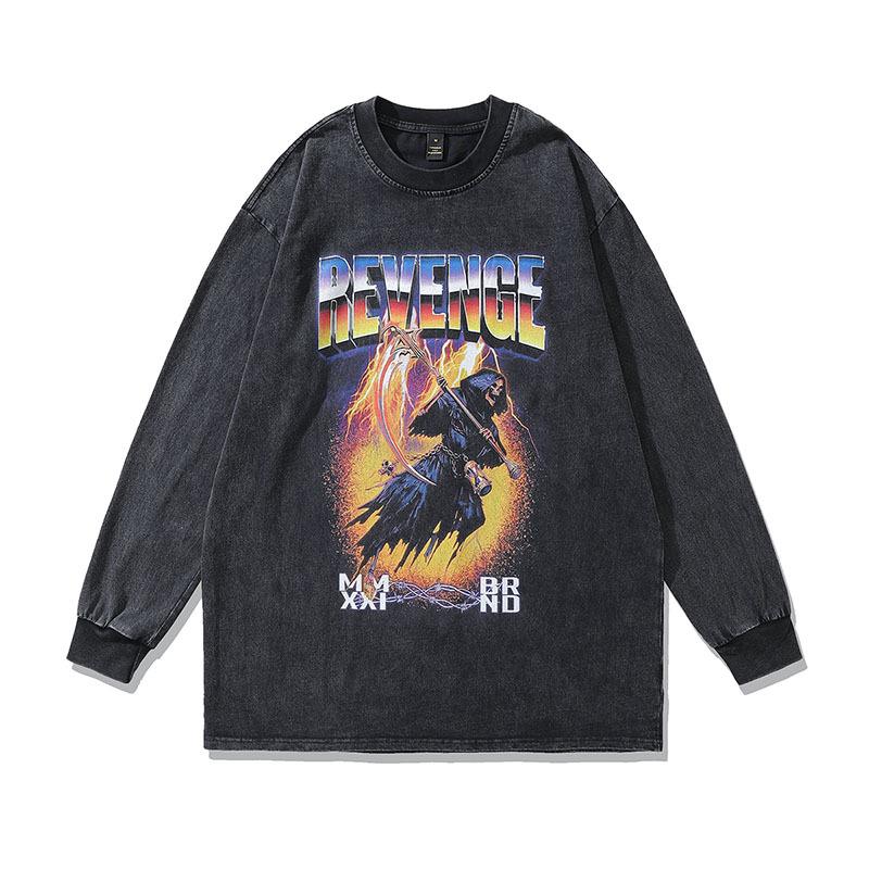 High Street Trend Brand Long Sleeve T-Shirt American Street Hip Hop Printing Washed Old Cotton Top Bottom T-Shirt Men