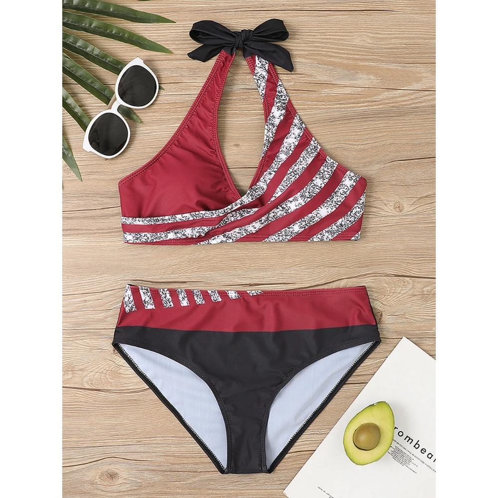 Bikini set s V výstřihem 2026 Dámský pruhovaný patchworkový plavecký úbor Letní plážové oblečení Plavky Ženské plavky Koupací plavky 3XL