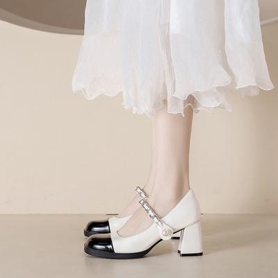 French Retro Thick-heeled Mary Jane Shoes Color Matching Patent Leather Pearl Thick-heeled Single Shoes High Heels Women
