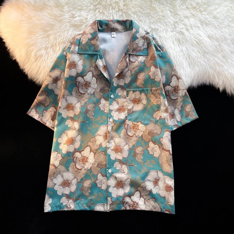 Unisex Vintage Kubakrage Blomsterskjorte - Løs passform, Hong Kong-stil, Kort erm, Perfekt for strand og par