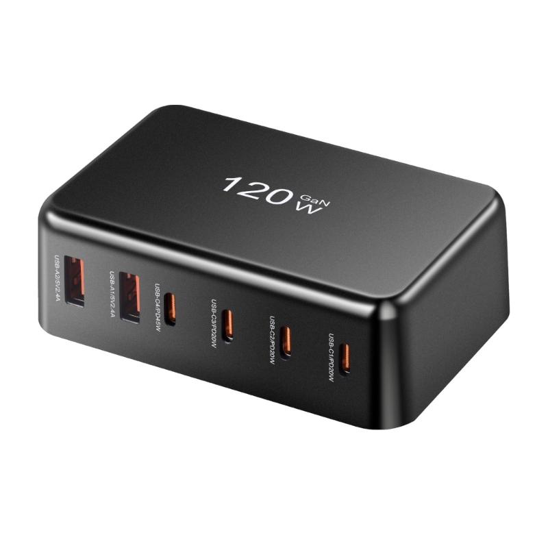 PD120W 4C2A Desktop Charger 4USB C 2USB A Port Fast Charging Hub Power Adapter for Multiple Devices ABS Housing
