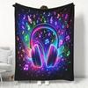 Music-Themed Flannel Blanket - Soft Warm Polyester Fabric, Vibrant Neon Headphones & Musical Notes Design, Perfect for Sofa, Home Relaxation, Naps, Of
