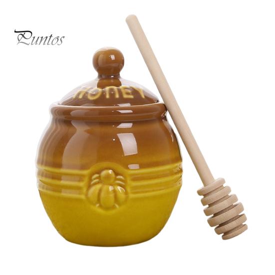 350ml Ceramic Honey Jar Farmhouse Honey Pot with Wood Honey Dipper Stick Retro Honey Dispenser Kitchen Decor for Mother's Day Wife Gift