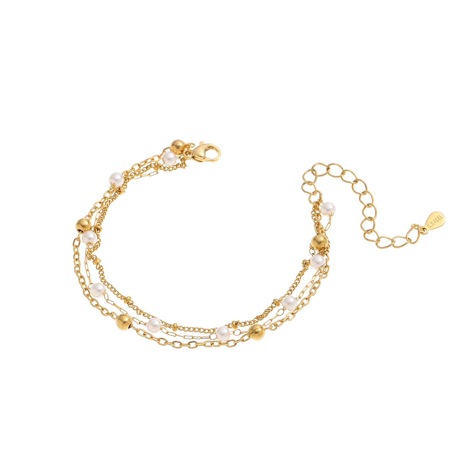 

18k Gold Triple-Layer Bracelet with Imitation Pearl and Stainless Steel Beads - Women s Jewelry Exclusive