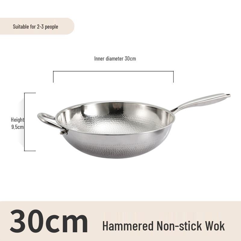 Non-stick 304 Stainless Steel Hammered Wok for Gas and Induction Cooktops