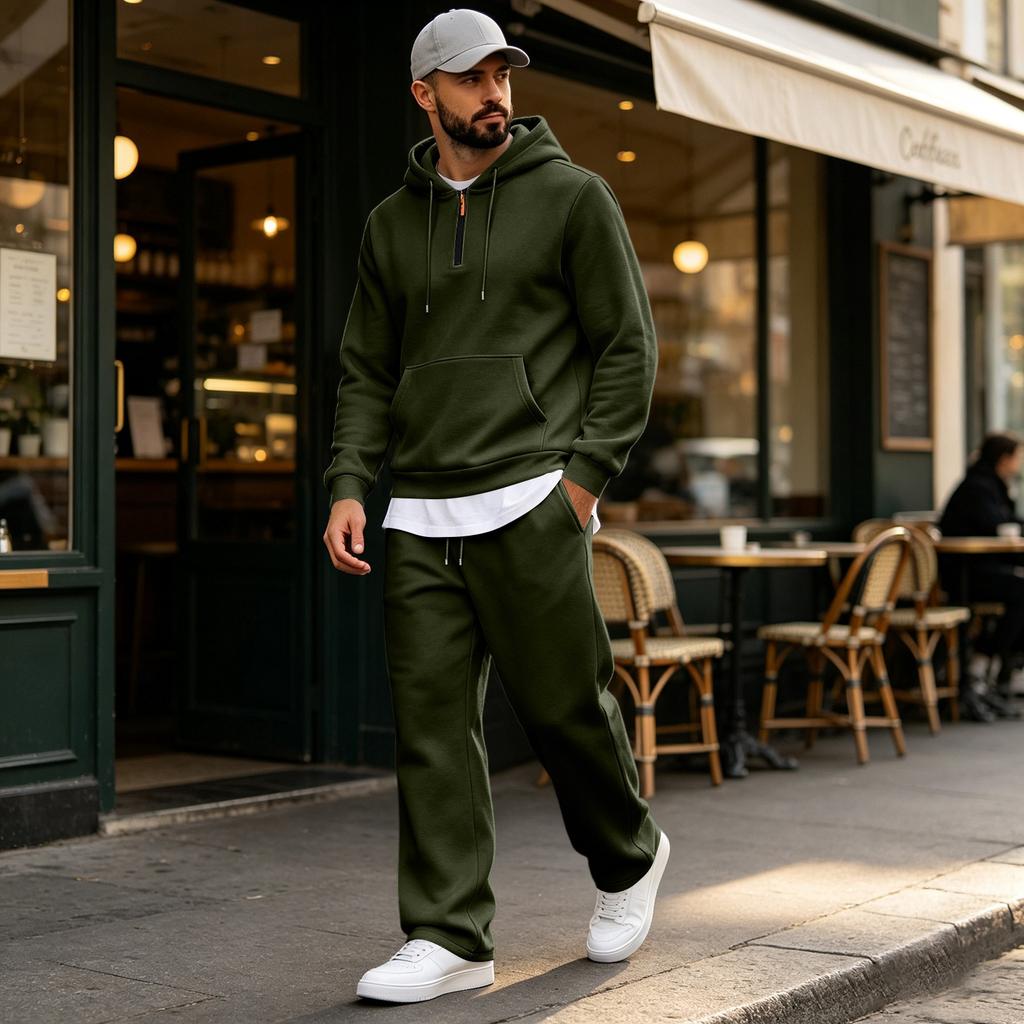 Men's Warm Lined Hoodie and Wide Leg Cargo Pants Set, Casual Relaxed Fit for Outdoor Sports