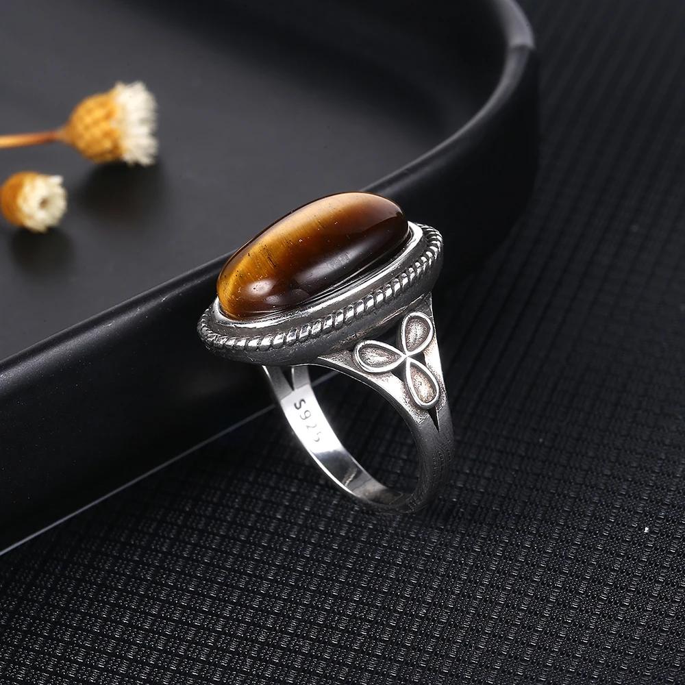 S925 Sterling Silver Retro Natural Labradorite Flower Rings Jewelry Silver Large Tiger Eye Engagement Wedding Gift for Women