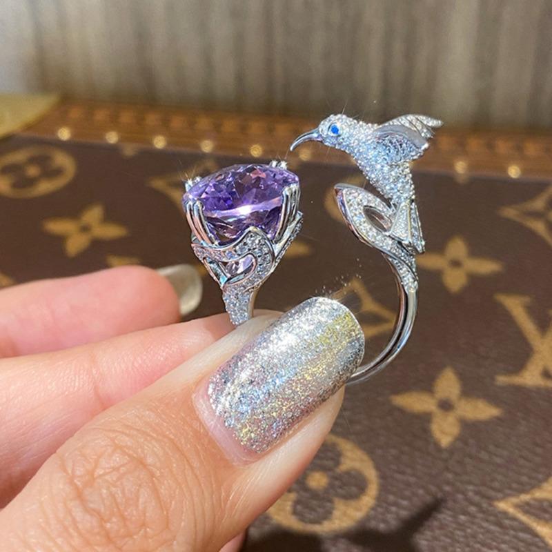 BELLA BOX Luxuriöser, eleganter Ring aus imitiertem Santa Maria-Amethyst und Aquamarin mit Kolibri-Motiv, geeignet für den täglichen Party-Modeschmuck für Damen