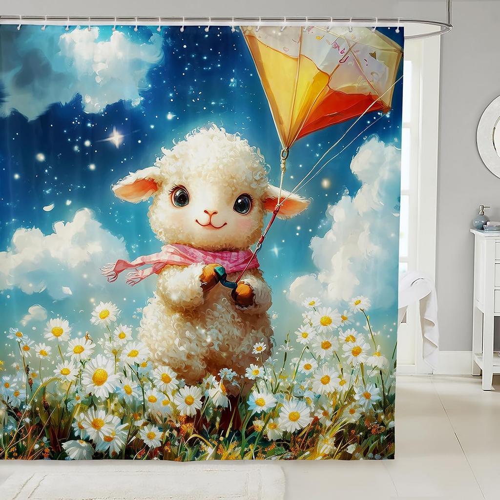 Cartoon Black Cat Shower Curtain Retro Pink Cherry Blossom Wild Flowers Bathroom Curtain Kids Teens Adults Cute Animal Vintage