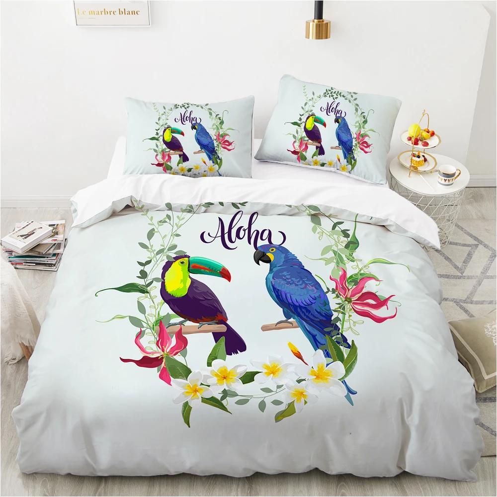 Flowers Parrot King Queen Duvet Cover Cartoon Birds Floral Bedding Set For Adults Animals Leaves 2/3Pcs Polyester Quilt Cover