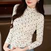 Woll- und Fleece-T-Shirt Damen Floral Herbst und Winter Neu Langarm-Oberteil Hoher Halsausschnitt Basis-Shirt