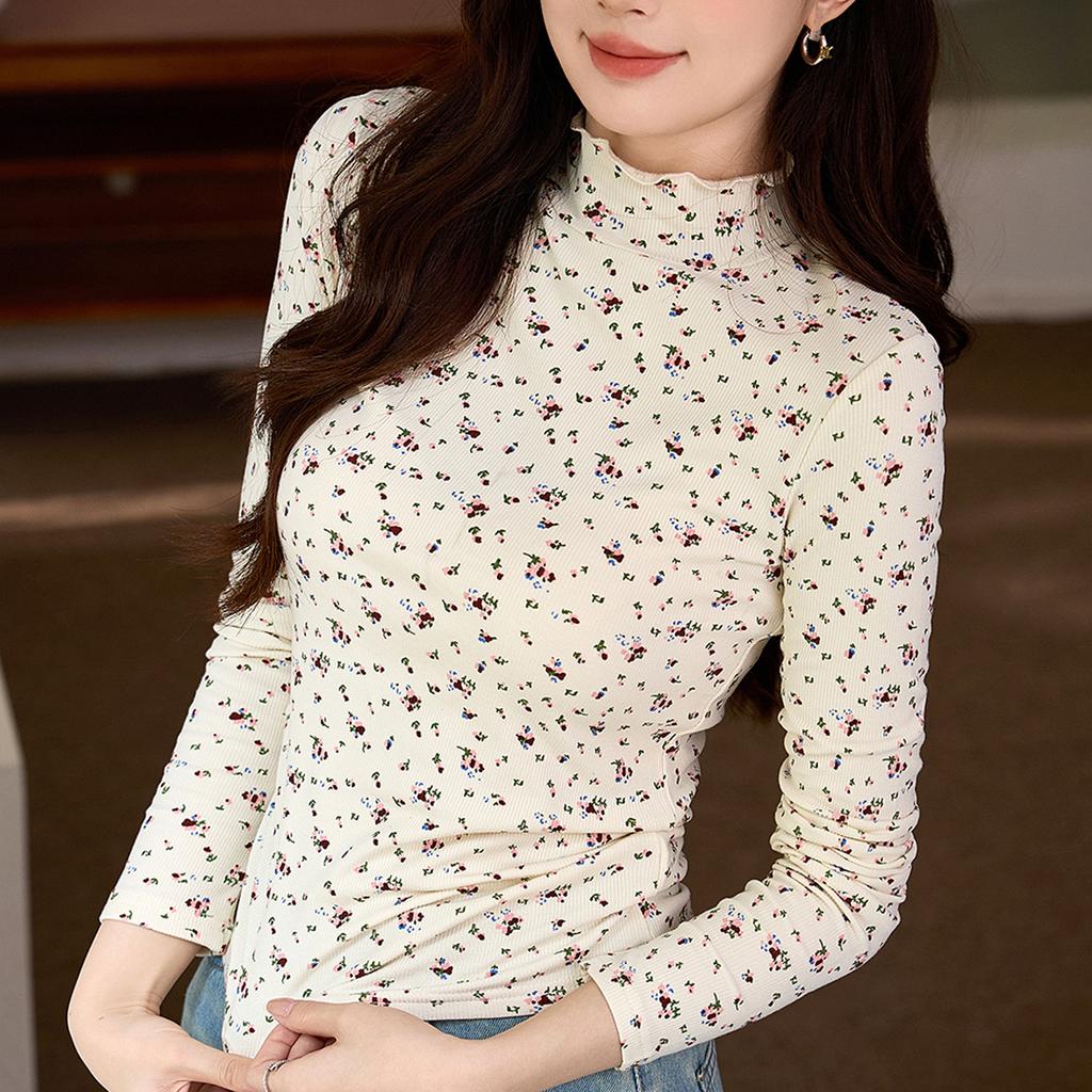 Woll- und Fleece-T-Shirt Damen Floral Herbst und Winter Neu Langarm-Oberteil Hoher Halsausschnitt Basis-Shirt