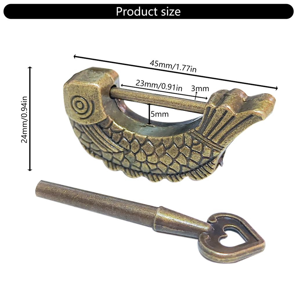Vintage Fish Shape Padlock with Key Bronze Antique Lock Bronze Fish Design Lock for Wooden Suitcases & Jewelry Boxes